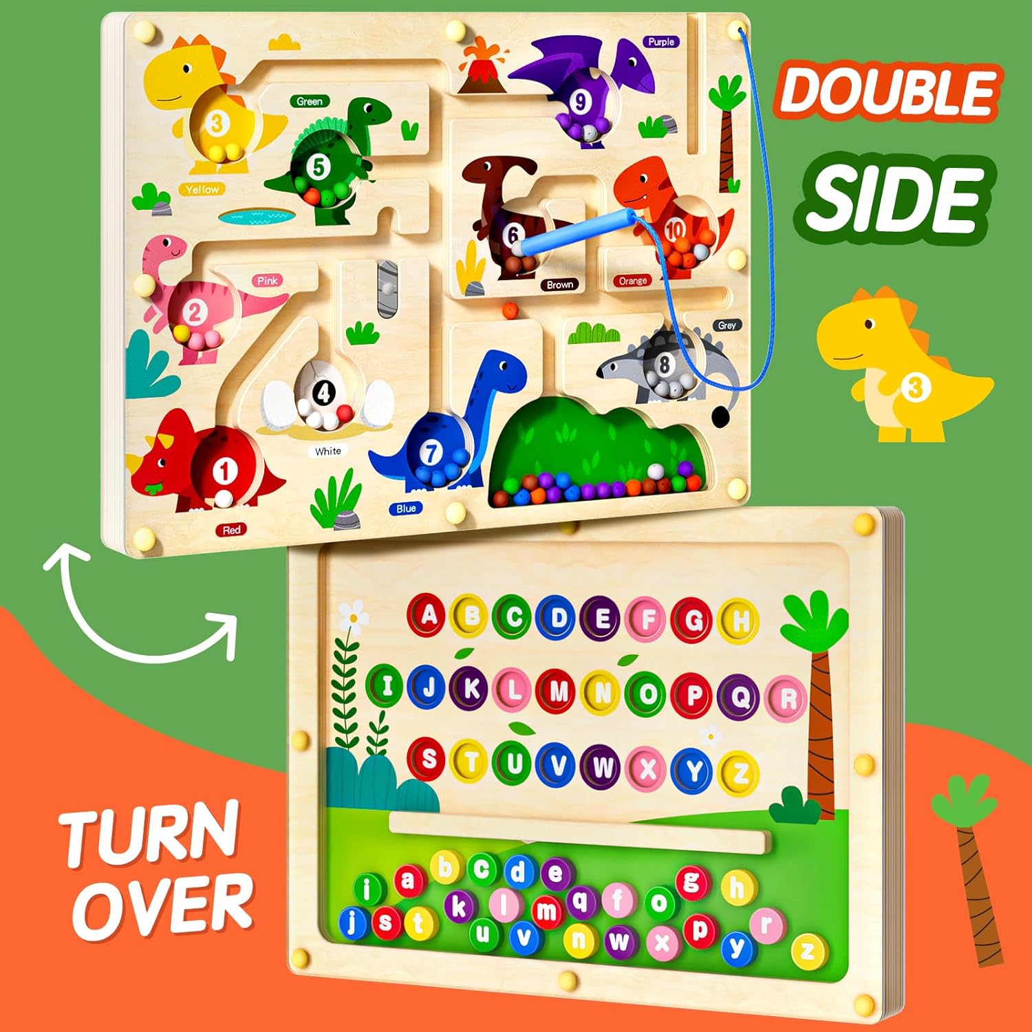 2 in 1 Magnetic Color and Number Maze Double-Sided ABC Alphabet Puzzles Board Magnet Dinosaur Counting Maze Preschool Learning Montessori Education 3 4 5 Years Toys