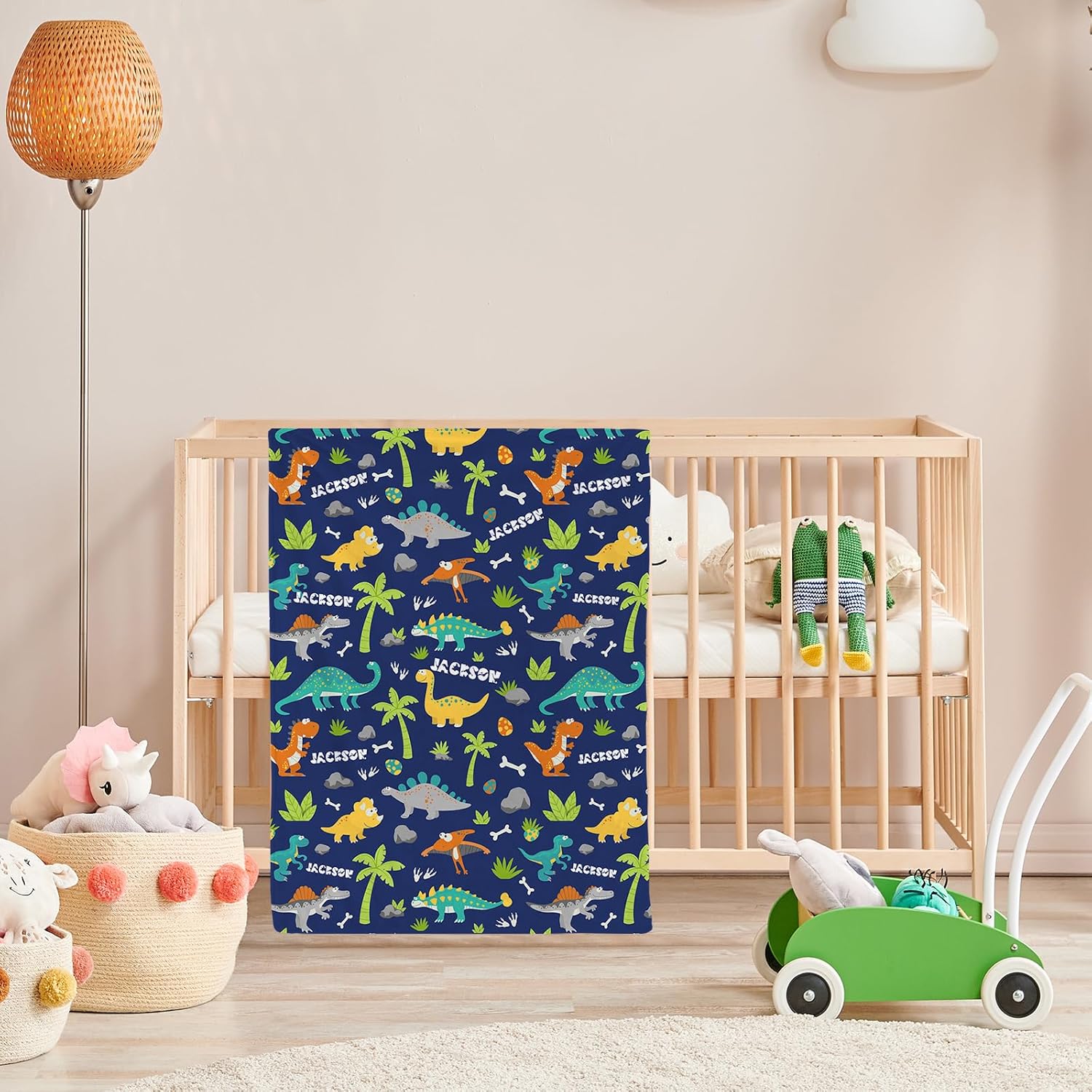 Personalized Dinasour Name Baby Blanket, Custom Cute Alphabet Name Blanket Toddler Boy Soft Flannne Swaddling Blankets Customized Monogram Memorial Gift from Nana for Infant Newborn Shower