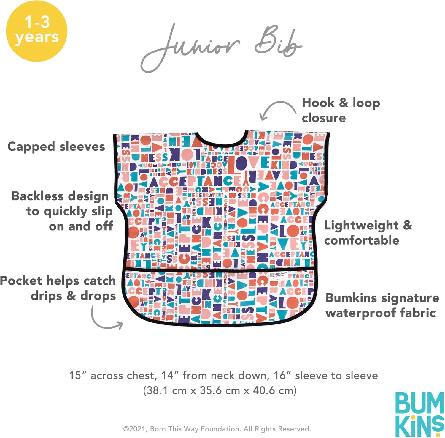 Bumkins Bibs - Toddler Bibs, Waterproof, Large for 1-3 Years, Short Sleeve