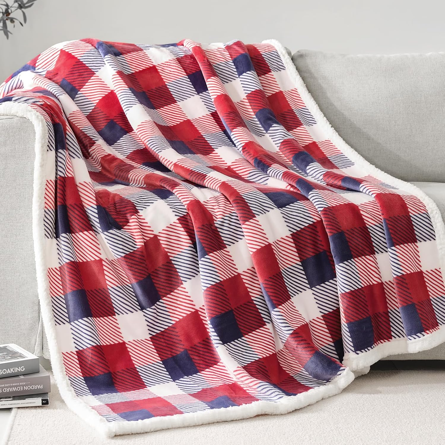 Touchat Sherpa Plaid Twin Blanket 60" X 70", Fuzzy Fluffy Soft Cozy Throw Blanket, Twin Size Plush Fleece Flannel Plush Microfiber Blanket for Couch Bed Sofa (Red Color)