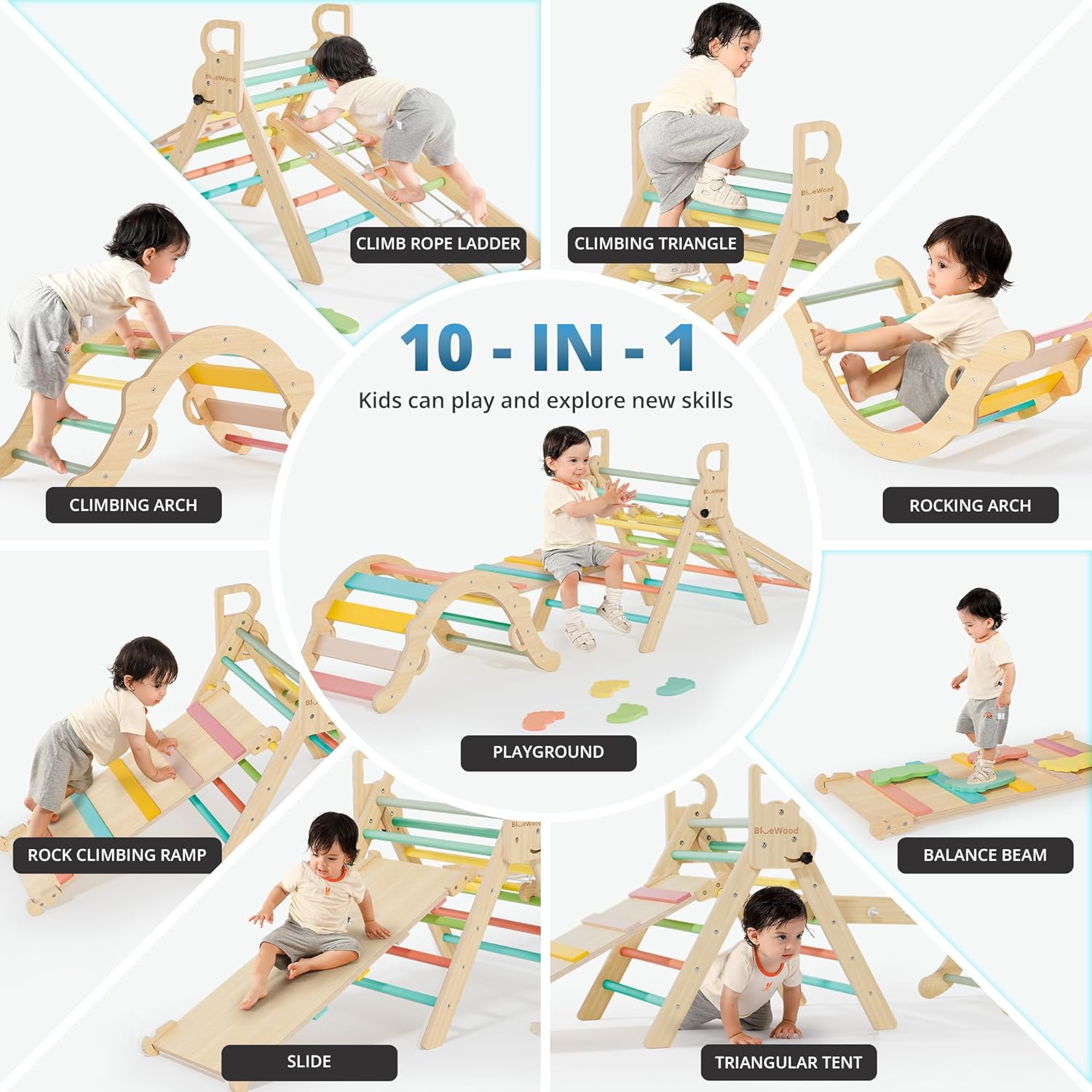 BlueWood 10-in-1 Pikler Triangle Set, Toddler Climbing Toys Indoor, Montessori Climber, Baby Jungle Gyms with Arch, Extra Rope Ladder & Footprint Balance Beam - Rose Garden