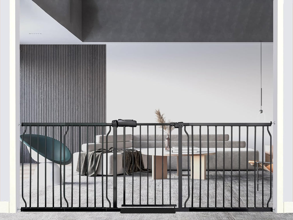 Heavy Duty Baby & Dog Safety Gate, Extra Wide 85.8-90.5 Inch,Black Metal, Pressure Mounted No Drilling Pet Gate for Large Openings