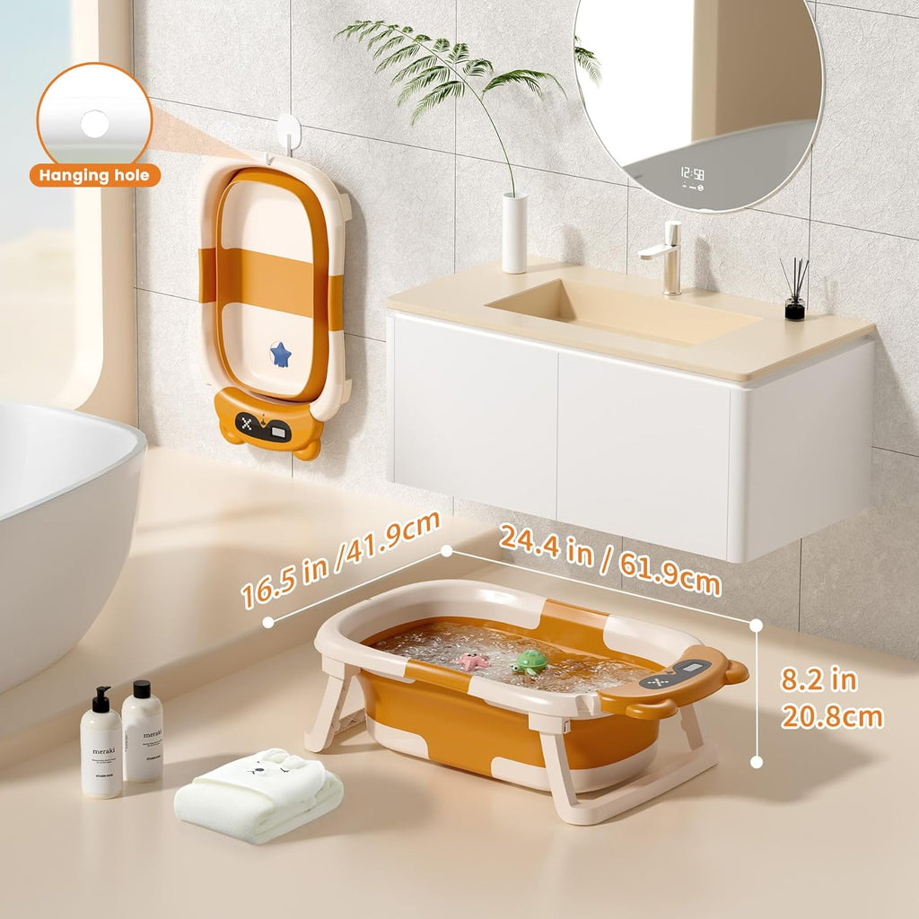 Collapsible Baby Bathtub with Soft Towel and Floating Cushion, Infant Bathtub for Newborn to Toddler (0-18 Month), Portable Baby Bath Tub for Travel (Brown Bear)
