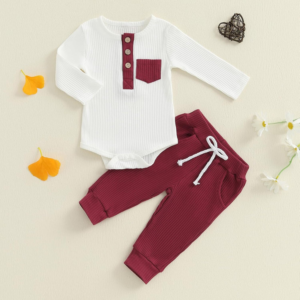 fhutpw Baby Boy Clothes 3 6 12 18 Months Ribbed Knitted Long Sleeve Romper and Pants Sets Newborn Fall Splicing Color Outfits