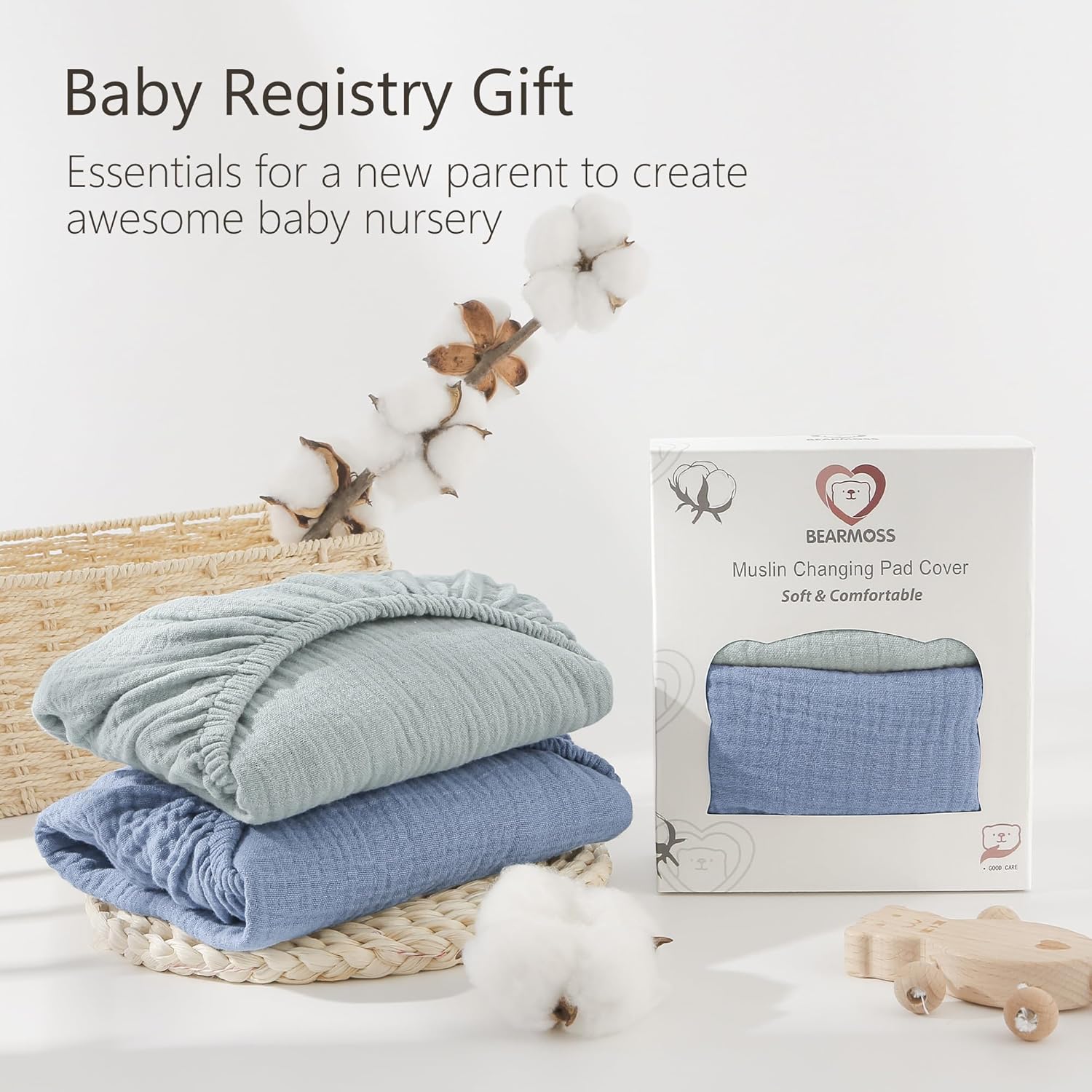 Bearmoss Changing Pad Cover, 2 Pack Muslin [100% Cotton] Diaper Changing Table Covers, 32'' x 16'' Soft Breathable Changing Pad Sheets for Unisex Baby Girls and Boys with Strap Holes (Mint Gum)