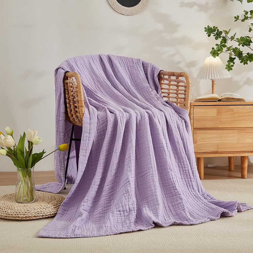 EMME Cotton Twin Blanket for Couch Soft Airy Muslin Bed Blankets Lightweight Breathable All Season Gauze, Lavender 60"x80"