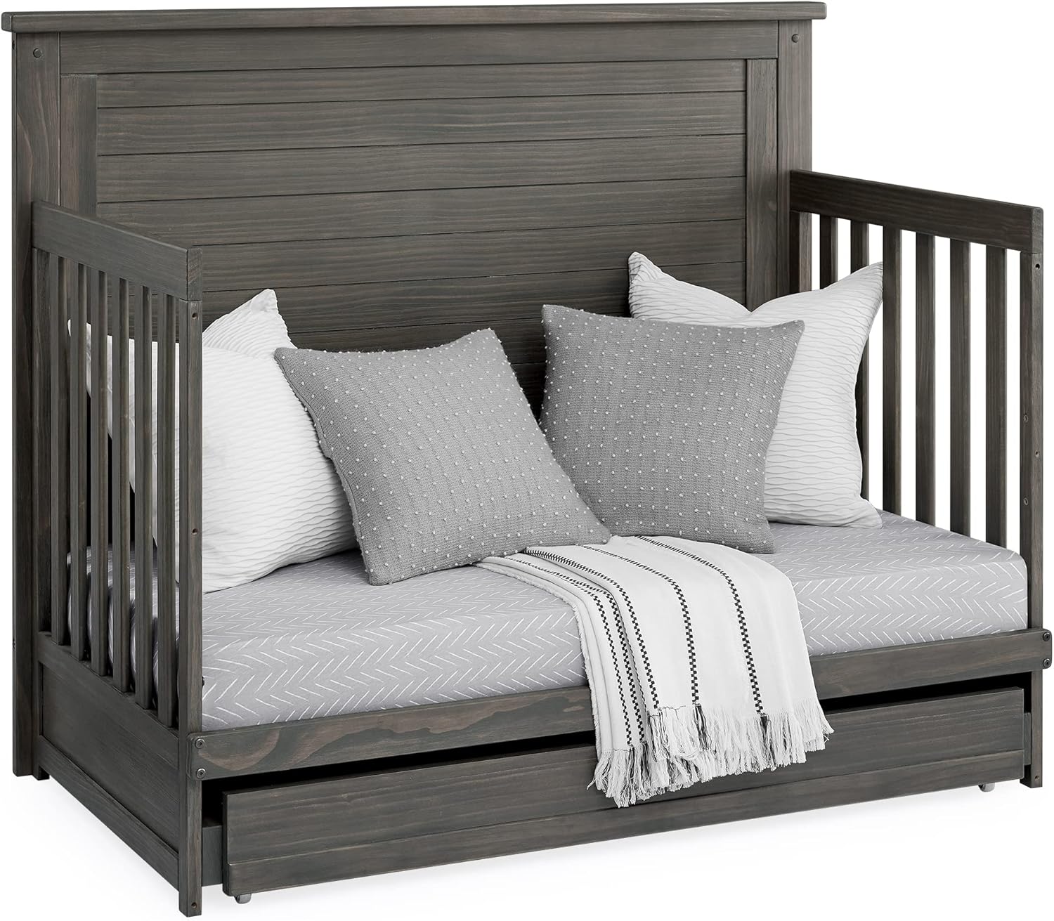 Delta Children Simmons Kids Caden 6-in-1 Convertible Crib with Trundle Drawer, Greenguard Gold Certified, Rustic Grey