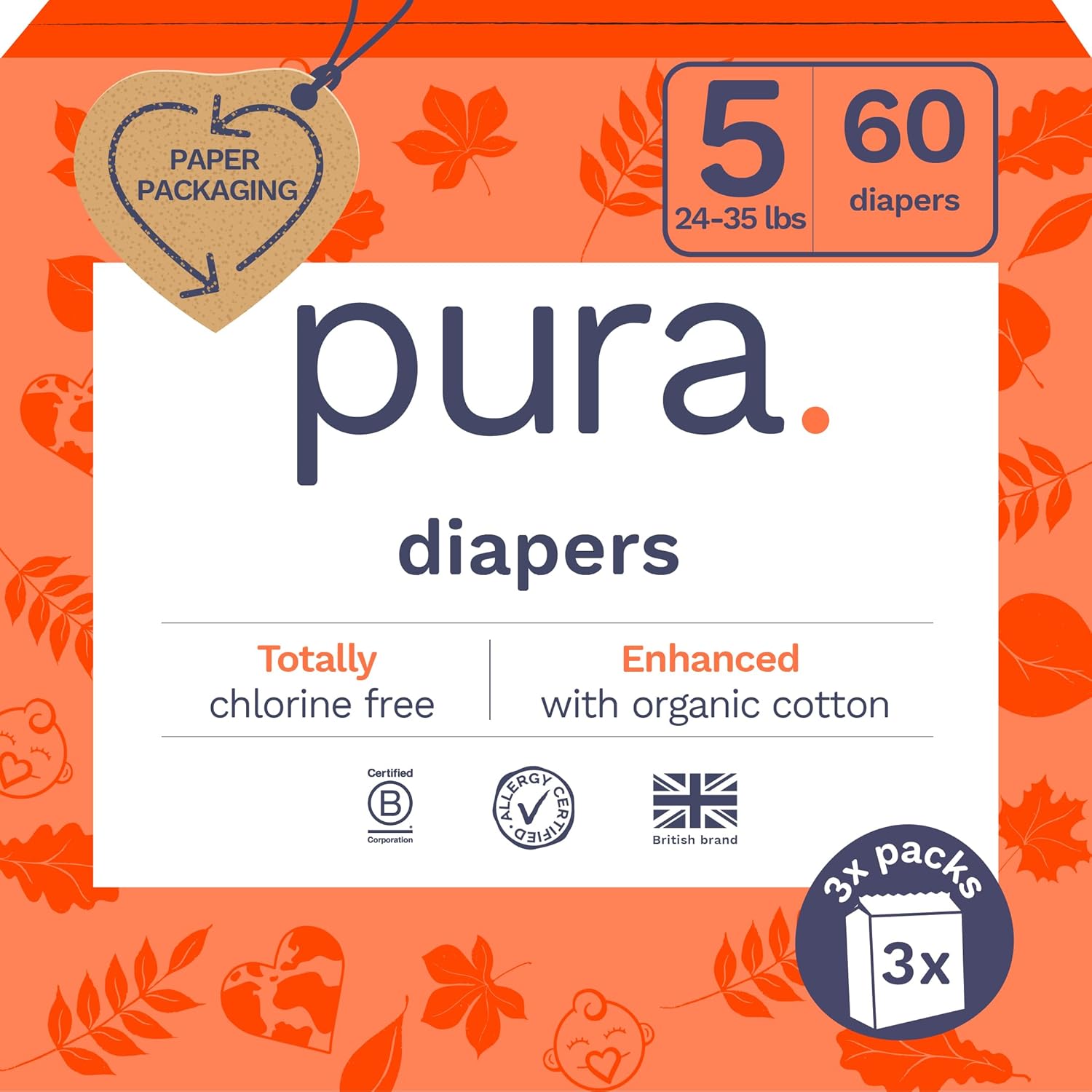Pura Size 5 Eco-Friendly Diapers (24-35 lbs) Totally Chlorine Free (TCF) Hypoallergenic, Soft Organic Cotton, up to 12 Hours Leak Protection, Allergy UK, 3 Packs of 20 (60 Diapers)