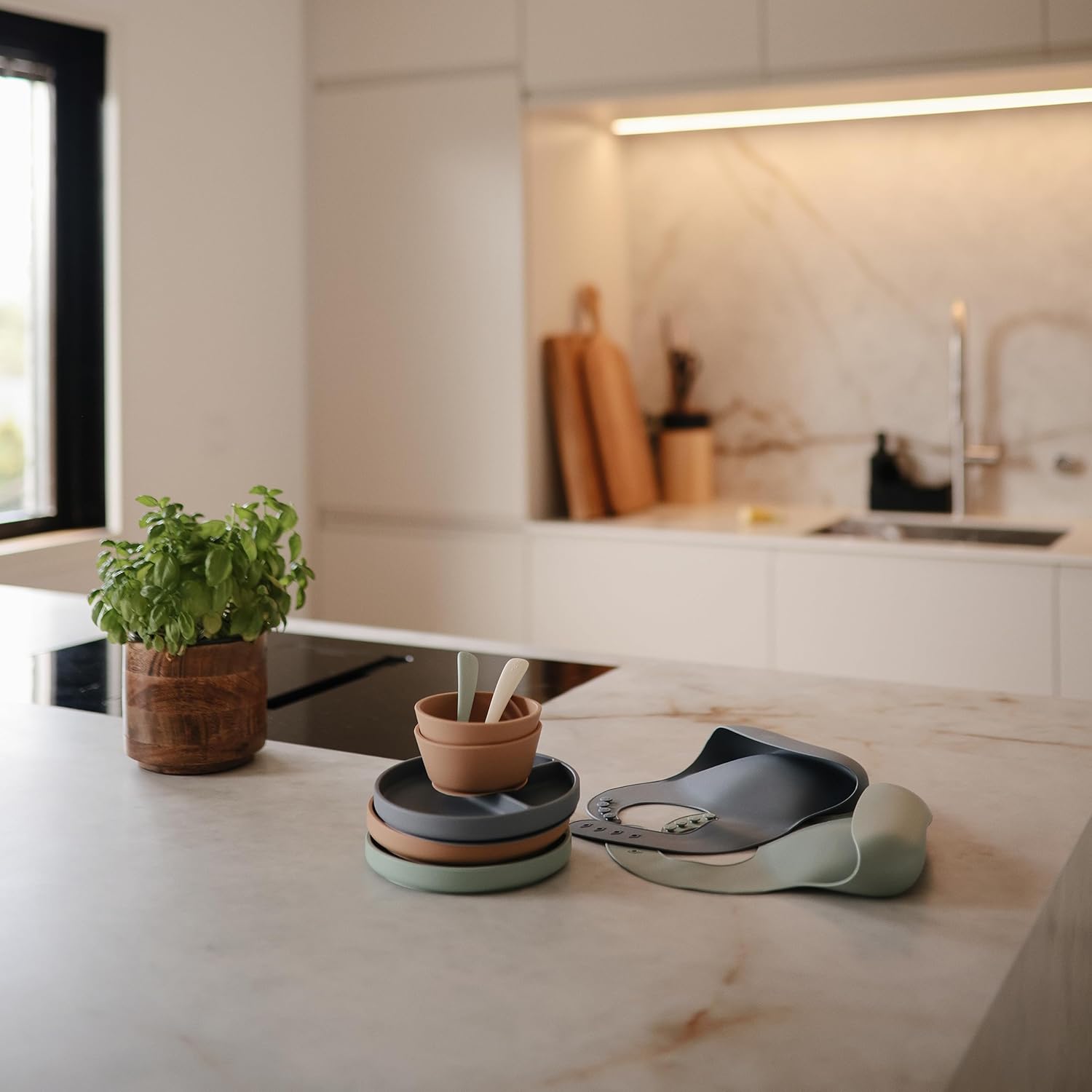 mushie Silicone Baby Bib | Adjustable Fit Waterproof Bibs (Silver Sage)