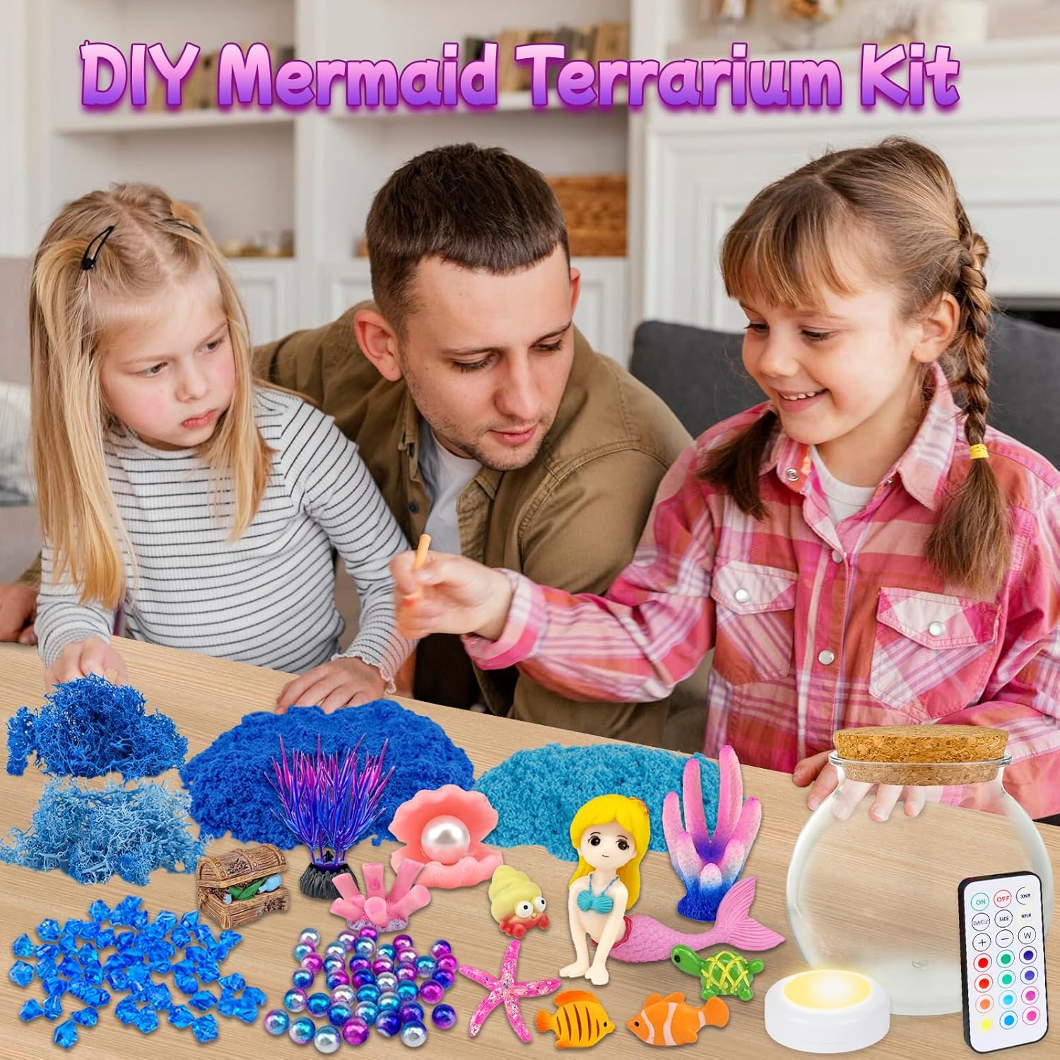 Mermaid Terrarium Craft Kit for Kids - LED Night Light Up & Remote Mermaid Birthday Gifts Toys for Girls Age 5 6 7 8 9 10 11 12 Year Old
