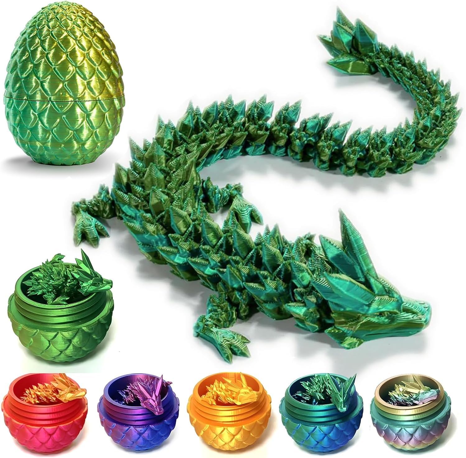 3D Printed Dragon Fidget Toys Dragon Egg 12inch Flexible Dragon Toy 3D Printed Dragon Egg with Articulated Dragon Inside Fidget Toys for Autism/ADHD Easter Toys Gifts (YellowGreen)