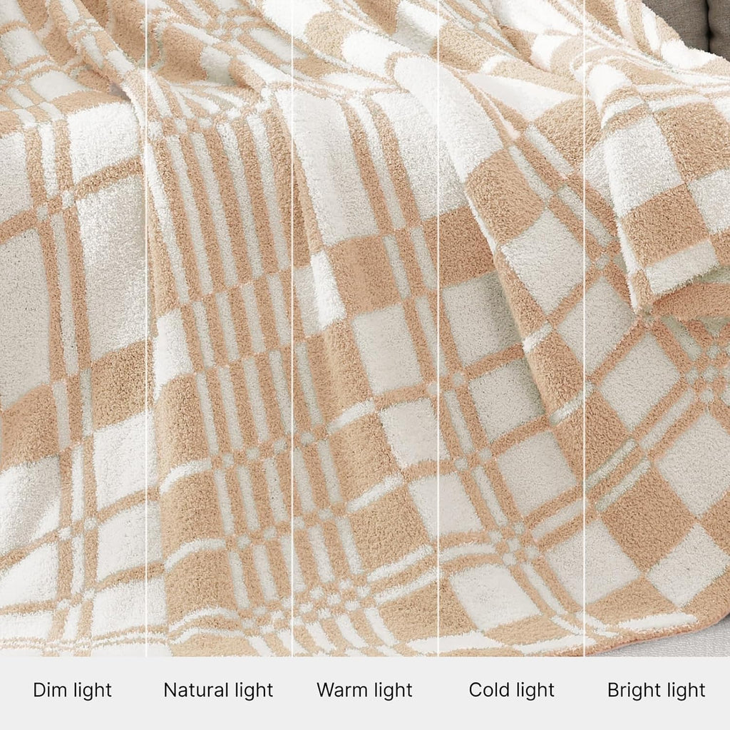 WRENSONGE Checkered Throw Blanket Toast Almond Soft Cozy Fluffy Warm Hand Made Weave Throw Blankets for Couch, Sofa, Chair, Bed, Camping, Picnic, Travel Lightweight Bed Blanket - 60"*80"
