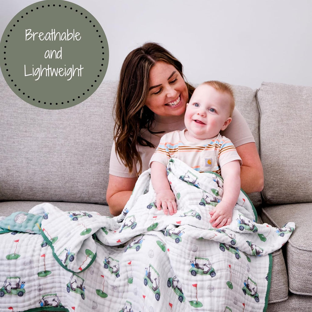 LollyBanks Muslin Baby Blanket 100% Organic Cotton, Muslin Quilt Lightweight, Toddler Blanket for Boys and Girls, 6 Layers Baby Blankets 47"x 47", Soft Nursery Receiving Blankets (Golf Print)