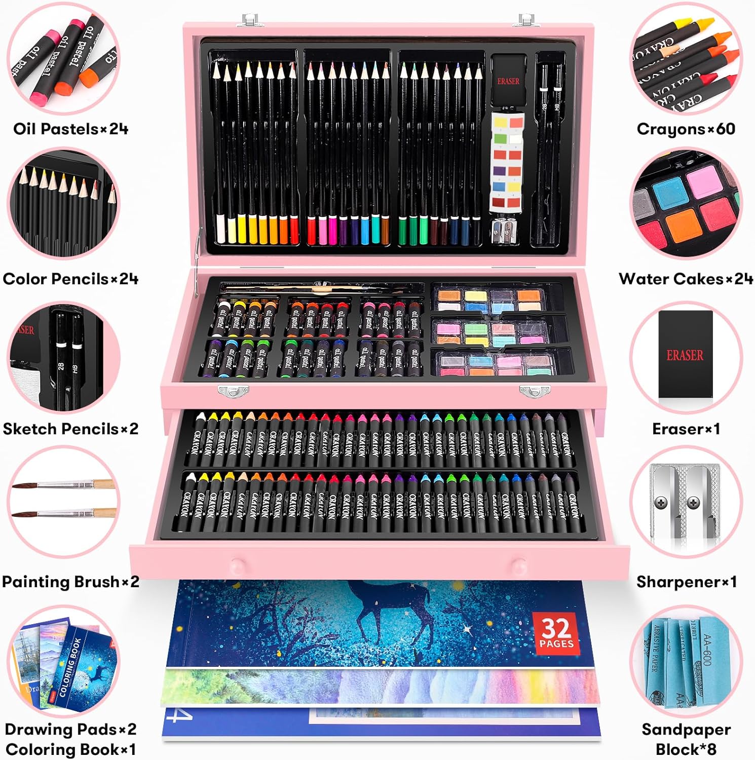 iBayam Arts and Crafts Gifts for Kids 6-14 Year, Teens Girls Christmas Gifts, 150-Pack Art Set Kits with 2 Sketch Pads, Coloring Book, 24 Colored Pencils, 24 Oil Pastels, 24 Watercolor, 60 Crayons