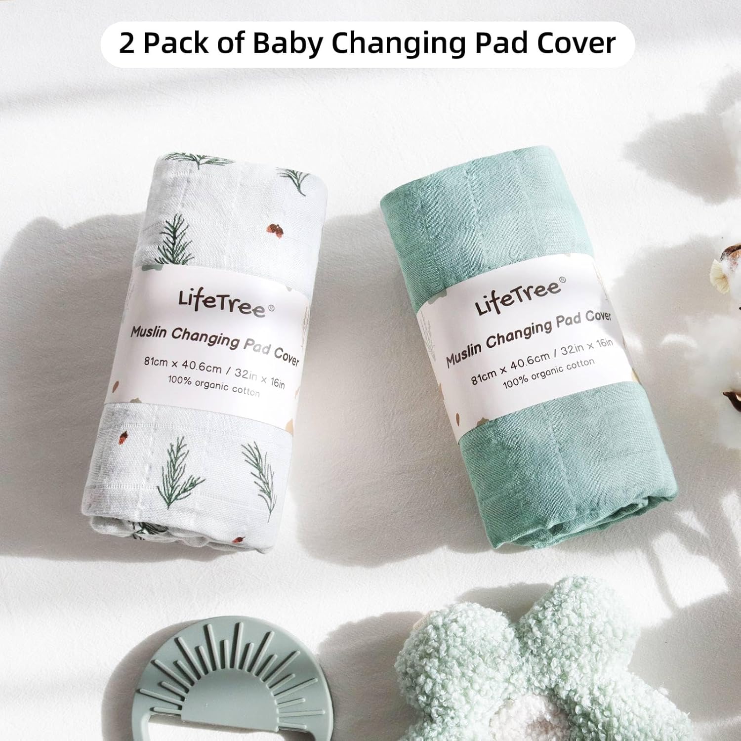 LifeTree 2 Pack Changing Pad Cover Unisex - Soft Muslin Fitted Changing Table Sheets - 16"x32" Organic Cotton - Pine Needles and Roman Green