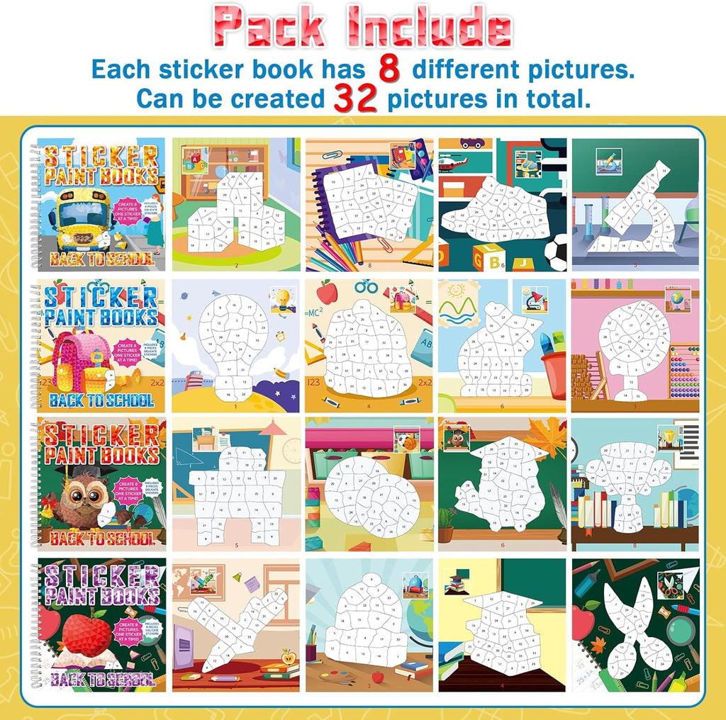 4Pcs Back to School Paint by Sticker Books Sticker by Number Books Activity Book Puzzle Book Craft Art Gift School Bus Apple Owl Alarm 32 Pictures