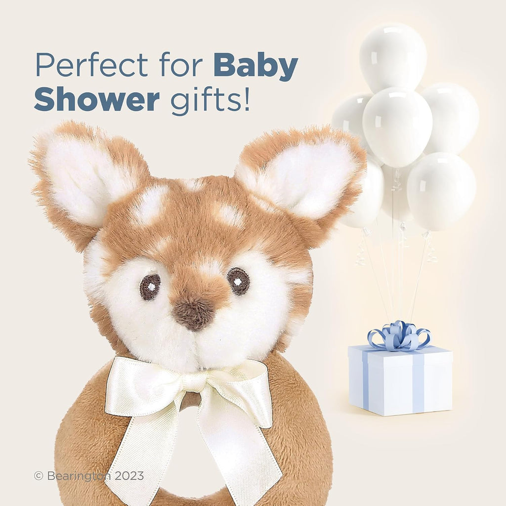 Bearington Collection Baby Lil’ Willow, 5.5 Inch Fawn Plush Stuffed Animal, Soft Baby Rattles and Plush Rings - Newborn Toys