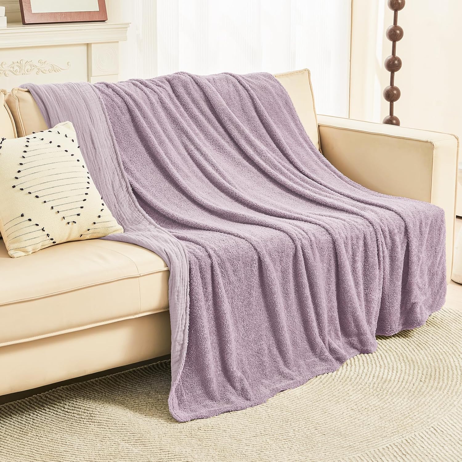 EMME Muslin and Fleece Queen Blanket Reversible - 80"*90" Lavender Soft Warm Throw Blankets for Couch Bed Picnic Travel Bed
