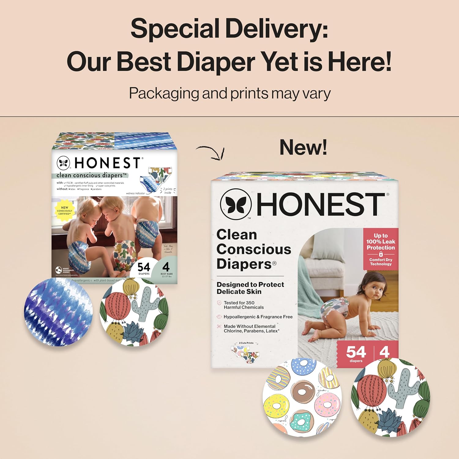 The Honest Company Clean Conscious Diapers for Delicate Skin | Up to 100% Leakproof | Hypoallergenic, Fragrance Free | Gender Neutral | Club Box, Size 4 (22-37 lbs), 54 Count (Prints May Vary)