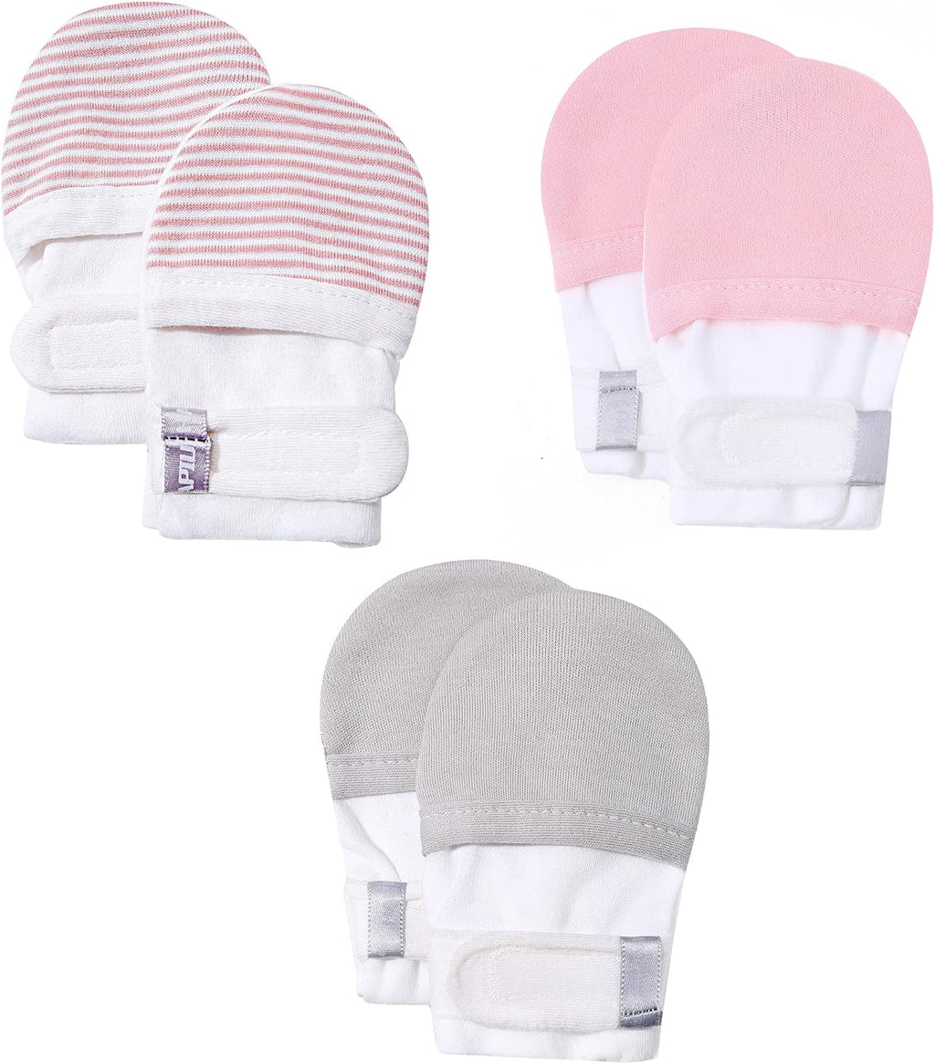 HAPIU Baby No Scratch Mittens Stay On, 100% Cotton Breathable, Adjustable Infant Gloves for Boys Girls, Newborn - 12 M