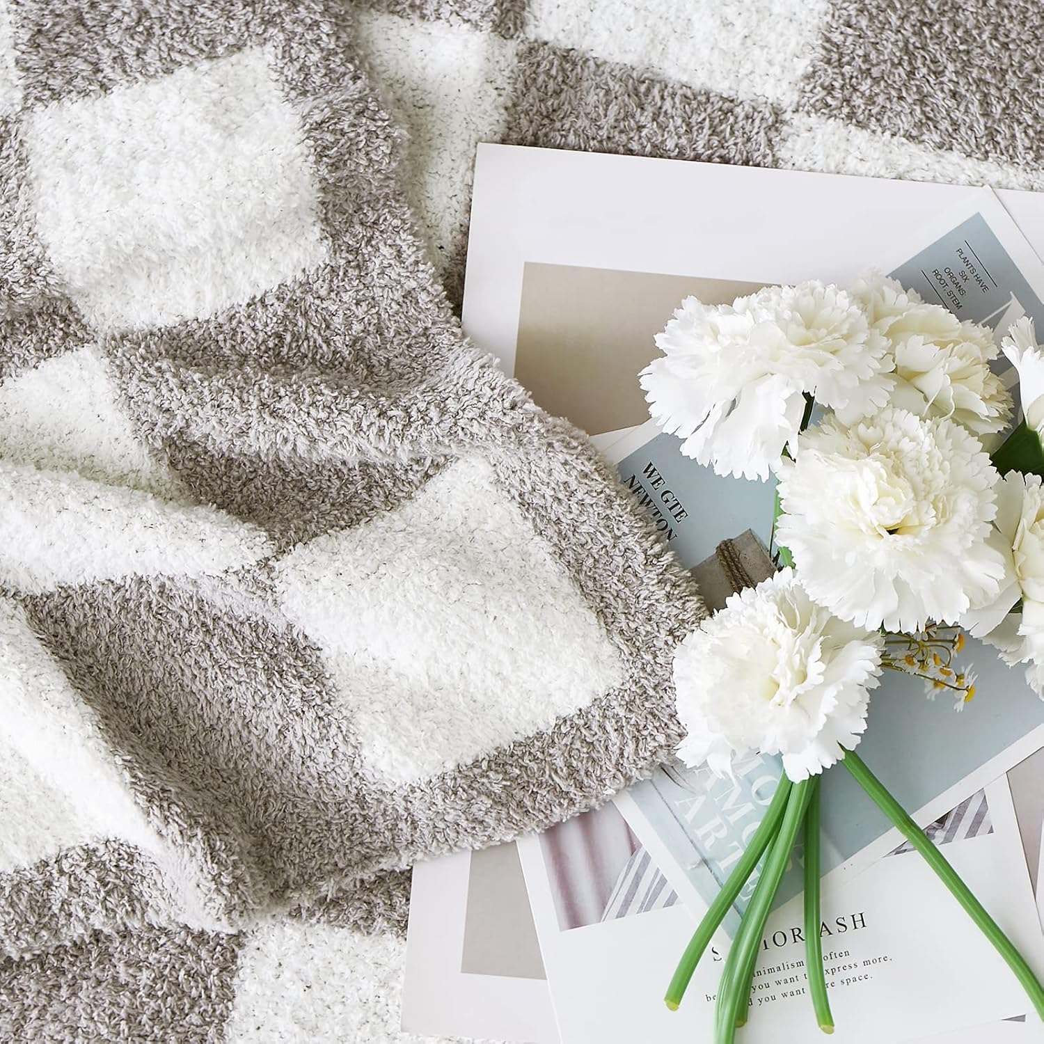 WRENSONGE Checkered Throw Blanket, Light Grey Soft Cozy Fluffy Warm Hand Made Throw Blankets for Couch, Sofa, Chair, Bed, Camping, Picnic, Travel Lightweight Bed Blanket - 50"*70"