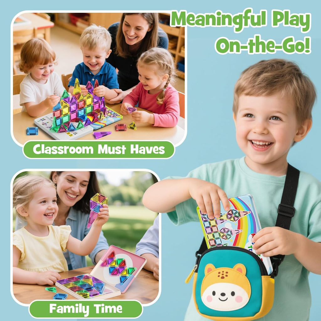 Magnetic Tiles Travel Toys for Kids 4-8, 42PCS Candy Color STEM Building Blocks with Visual Storage Guide & Metal Case, Airplane Activities & Toddler Travel Essentials Ages 3-5