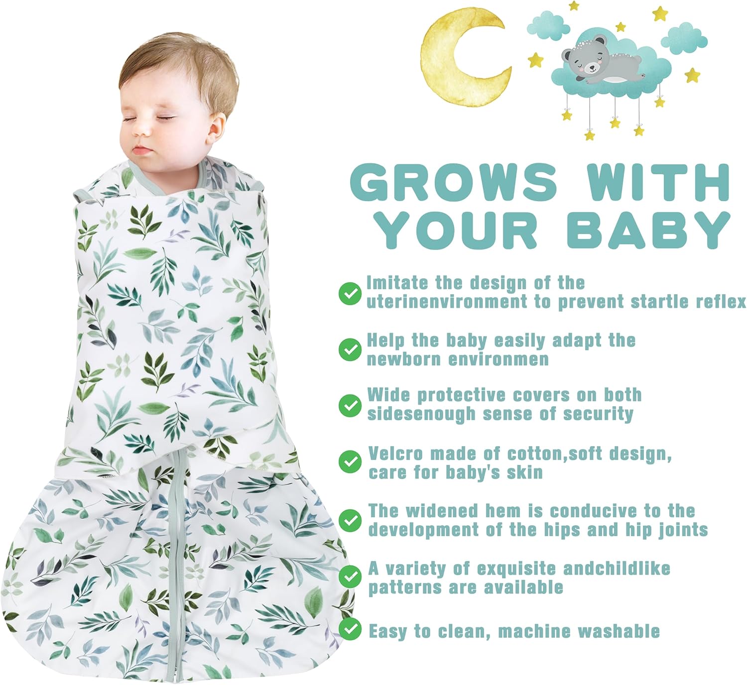 Newborn Sleep Sack Baby Swaddle,Swaddle me 6-12 Month,3-Way Adjustable Wearable Blanket,100% Rayon Cotton Swaddling Sleeping Bag，TOG 0.5 (Leaf, 6-12 Months)