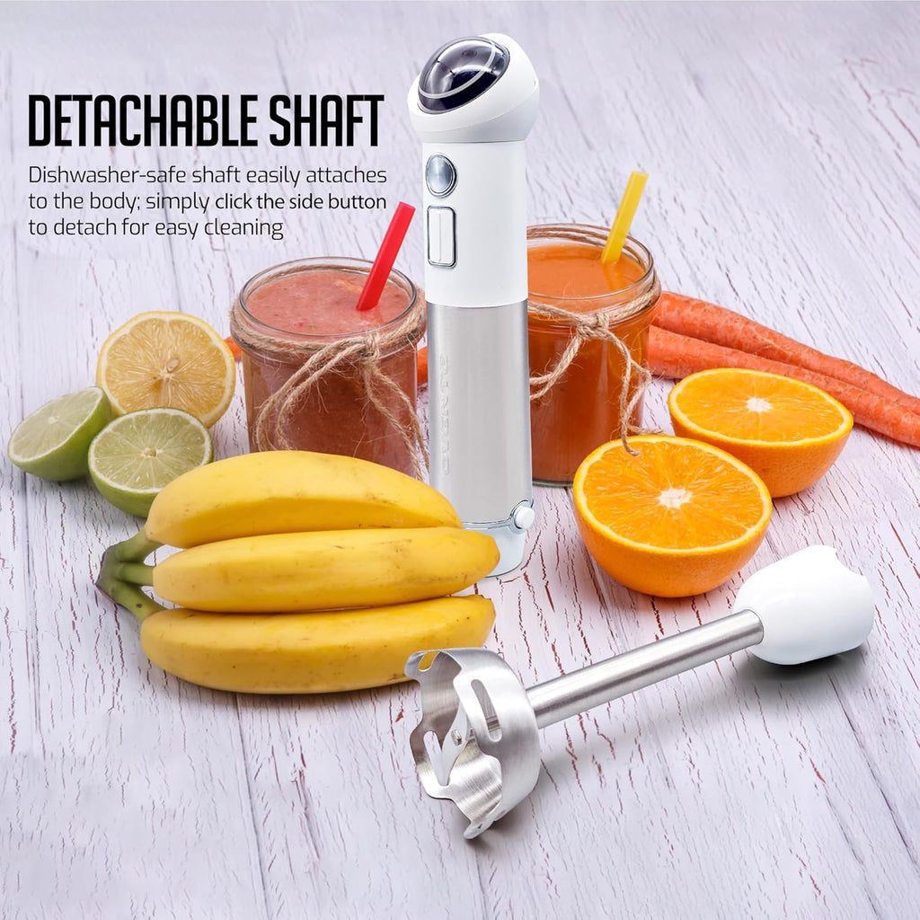 OVENTE Cordless Immersion Hand Blender, 300W Rechargeable Handheld Portable Stick Mixer with Speed Pulse Activating Sensor and Stainless Steel Blades for Smoothies, Shakes or Baby Food, White HR995W