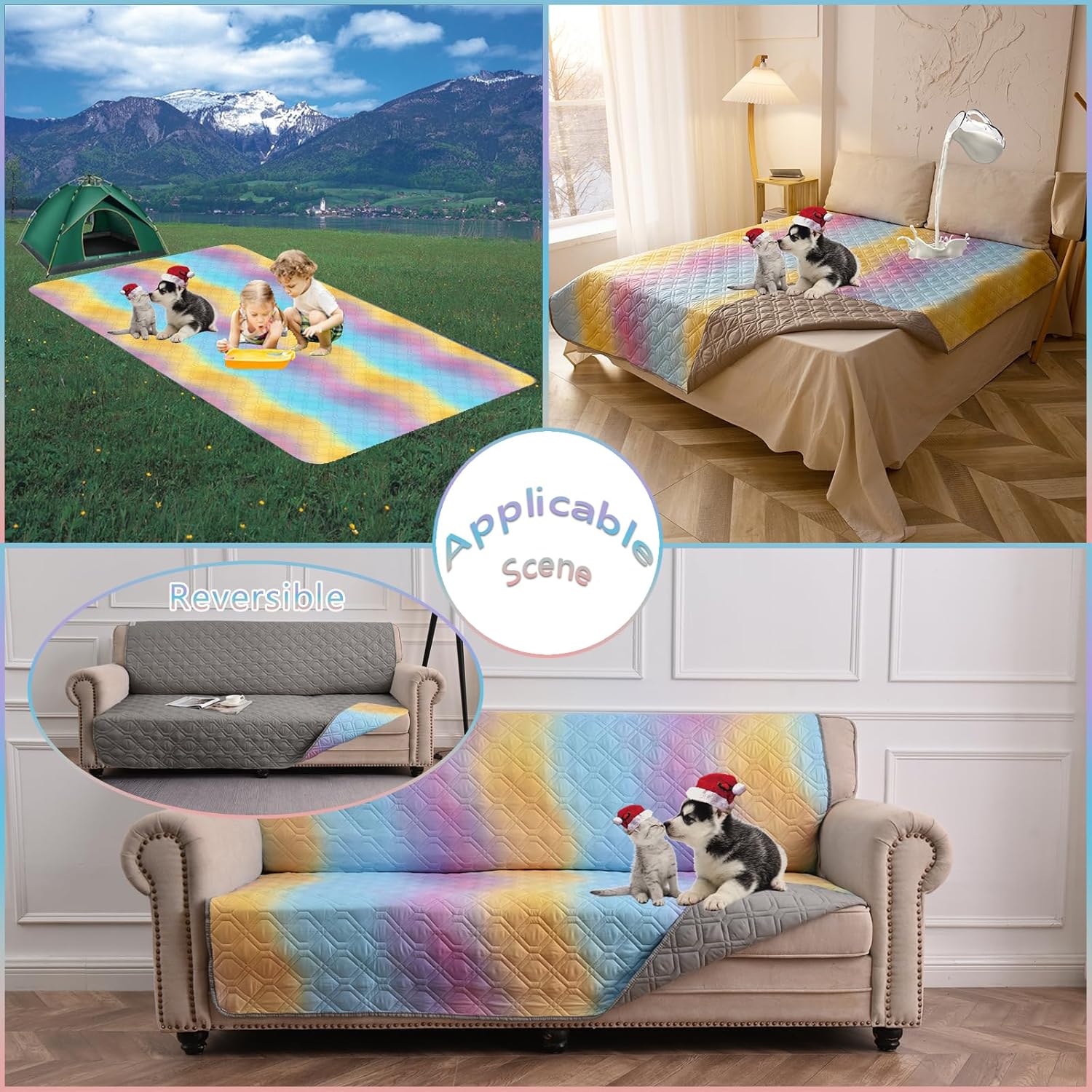 100% Waterproof Dog Bed Cover 68x82 inch Reversible Changing Pad Reusable Camping Mat for Kids/Pet/Dog/Cat Washable Geometric Embroidery Blanket Patchwork Rainbow Ombre Printed+Gray