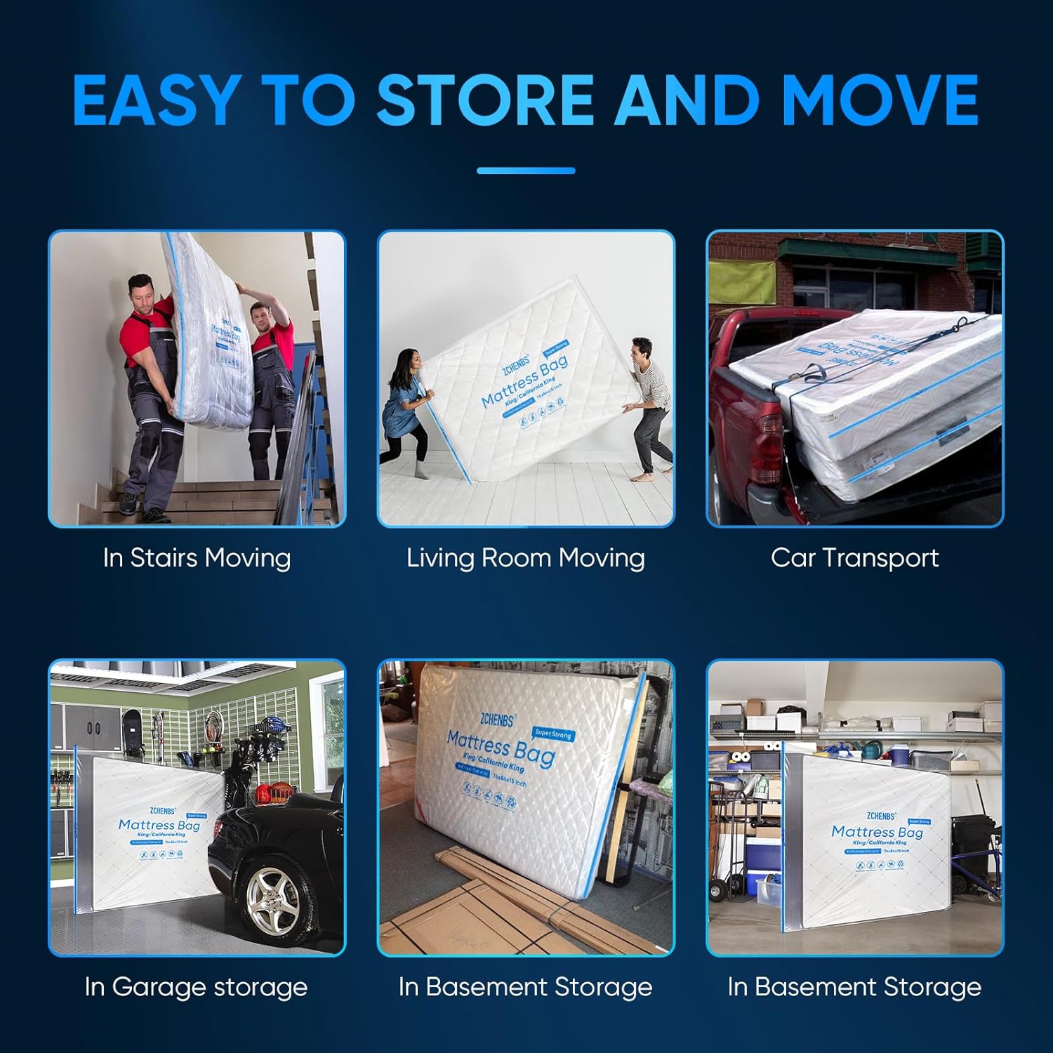 ZCHENBS® – Mattress Bags for Moving and Storage,Mattress Bag with Zippers,5 Mil Ultra-Thick Bed Bag,Waterproof,Anti-Tear,Heavy-Duty Mattress Bag (Transaparent/Blue, King/California King-(1 Pack)