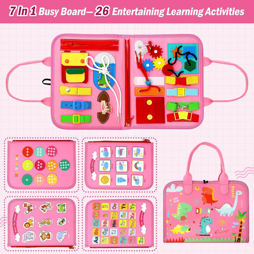 Qizfun Busy Board Montessori Toy for 1 2 3 4 Years Old, Educational Activity Sensory Board Preschool Learning Fine Motor Skills Toys, Toddler Travel Toy for Plane Car, Gift for Boys Girls (Pink/P4)