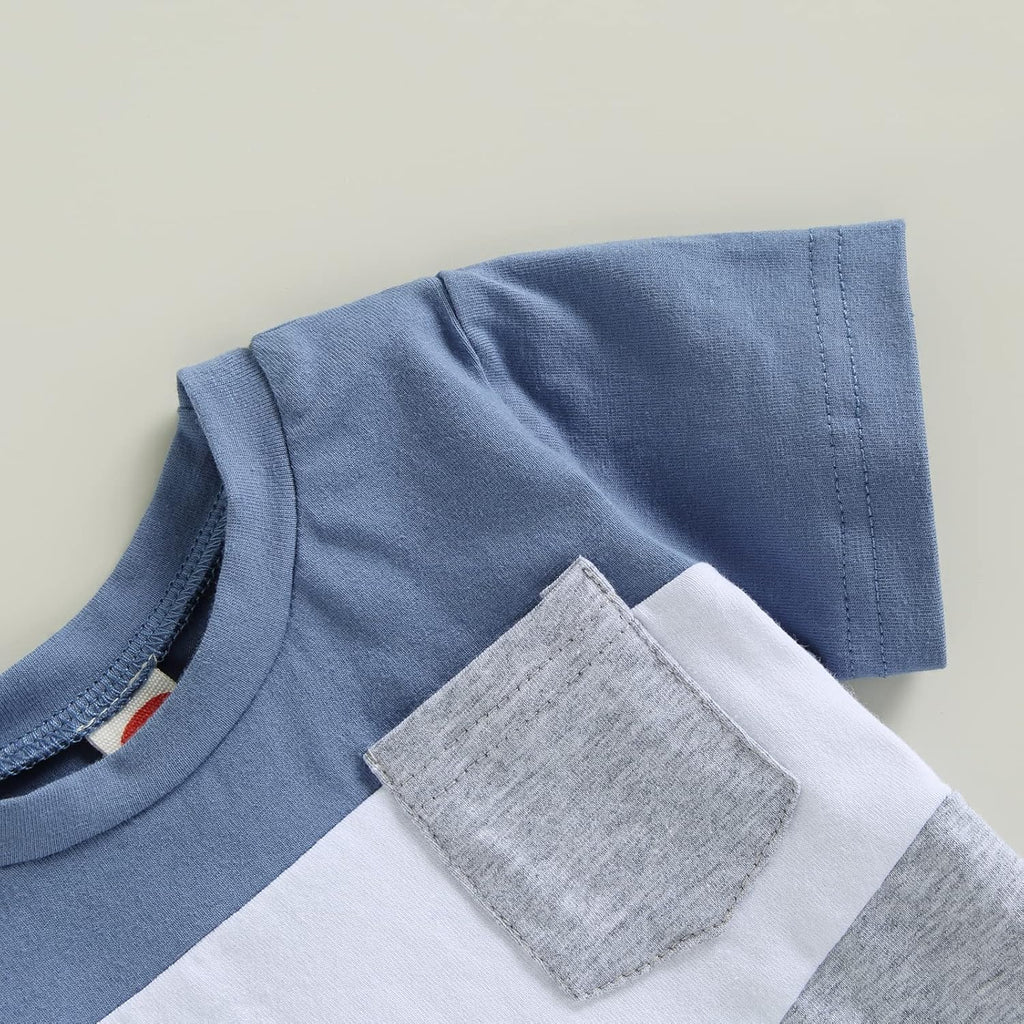 fhutpw Baby Toddler Boy Clothes Summer Outfits 6 12 18 24 Months Patchwork Short Sleeve T Shirt & Shorts Sets with Pockets