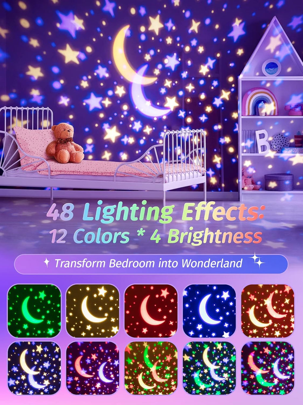 Star Projector Night Light for Kids - 15 Colors, Remote & HIFI Bluetooth Speaker, 360 Rotating + Auto Timer