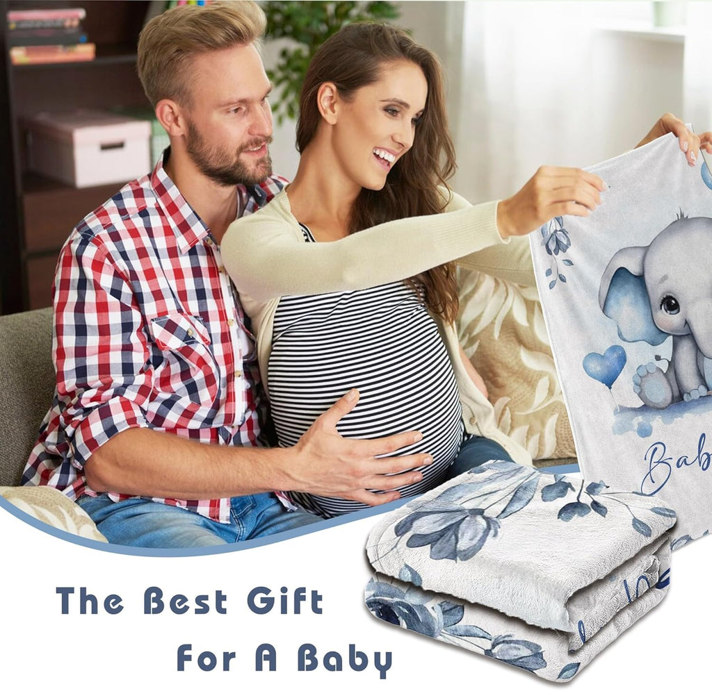 Personalized Baby Blanket for Boy Girl Newborn Custom Elephant Blanket with Name Customized Gifts for Baby Shower Birthday Christmas