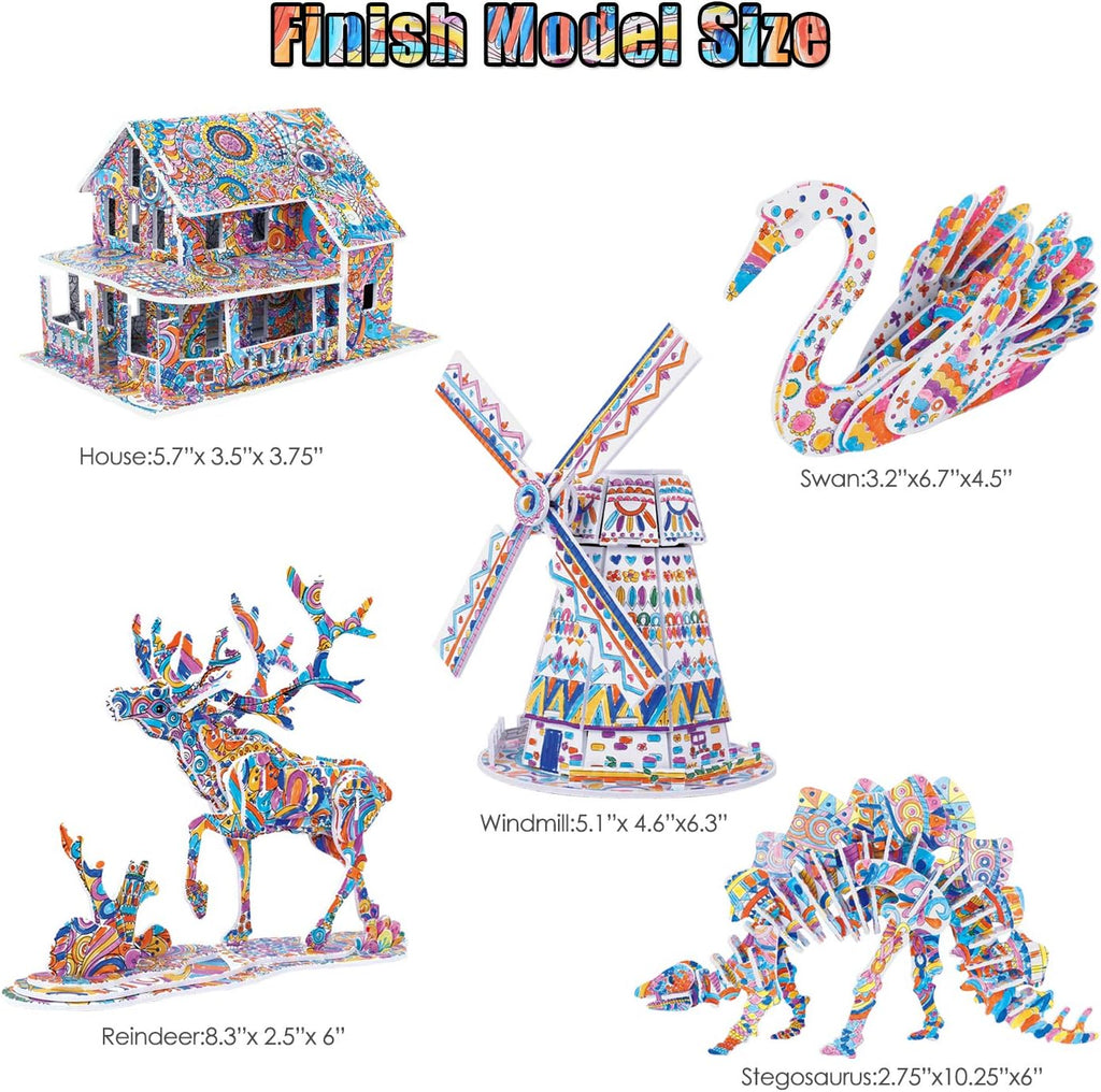 BEARUN 3D Coloring Puzzle Set, Arts and Crafts for Girls and Boys Age 6 7 8 9 10 11 12 Year Old, Fun Educational Painting Crafts Kit with Supplies for Kids, Birthday Toy Gift for Kids