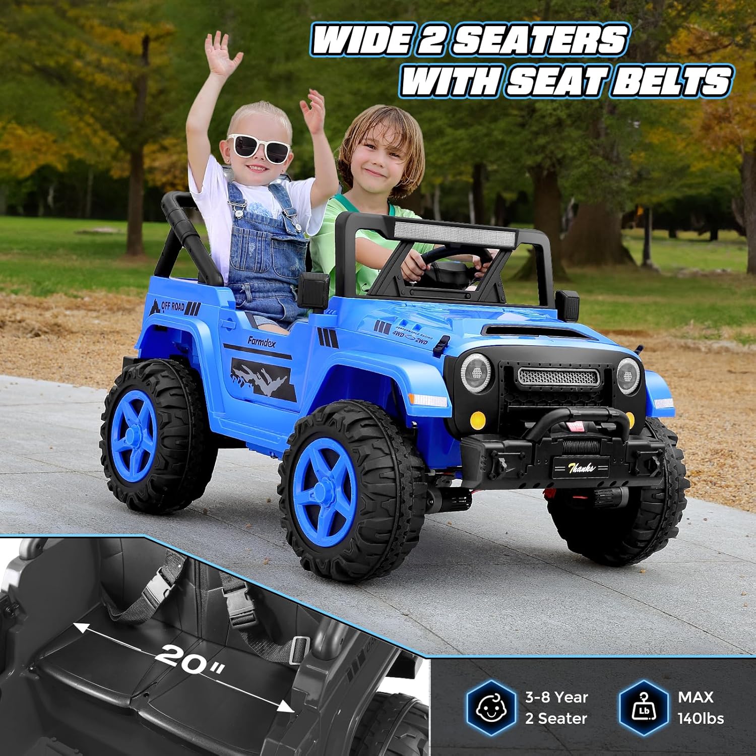 Hikole 24V Kids Ride on Car - 2 Seater, 4WD/2WD Switch, 4x200W Motor, Remote Control, 3 Speeds, LED Lights, Safety Belt, Off-Road Electric Vehicles for Boys Girls, Blue
