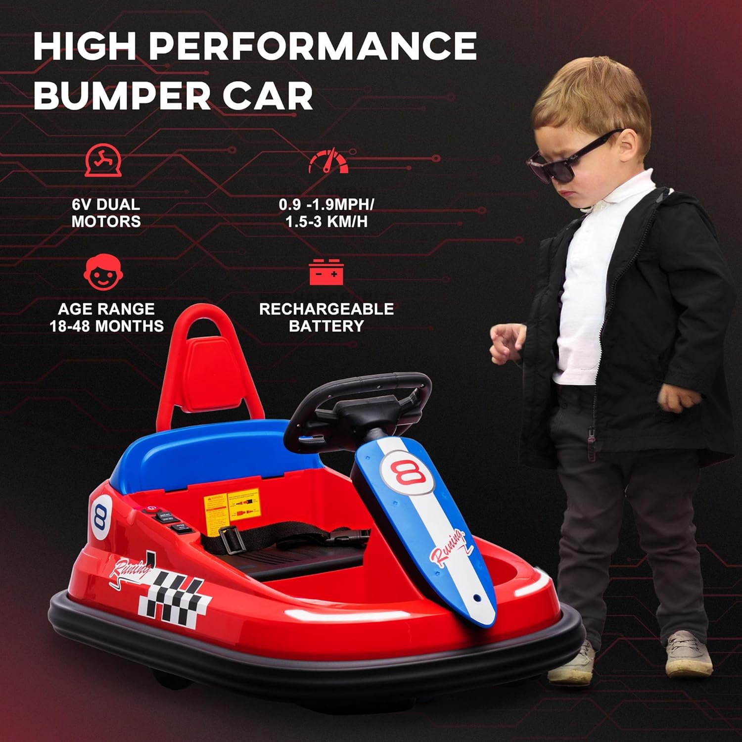 Aosom Toddler Bumper Car, 360° Rotation 6V Kids Electric Ride on Bumper Car with EVA Bumper Edges, Twins Motor, Songs, Horn, LED Lights, Safety Belt for 18-48 Months, Red