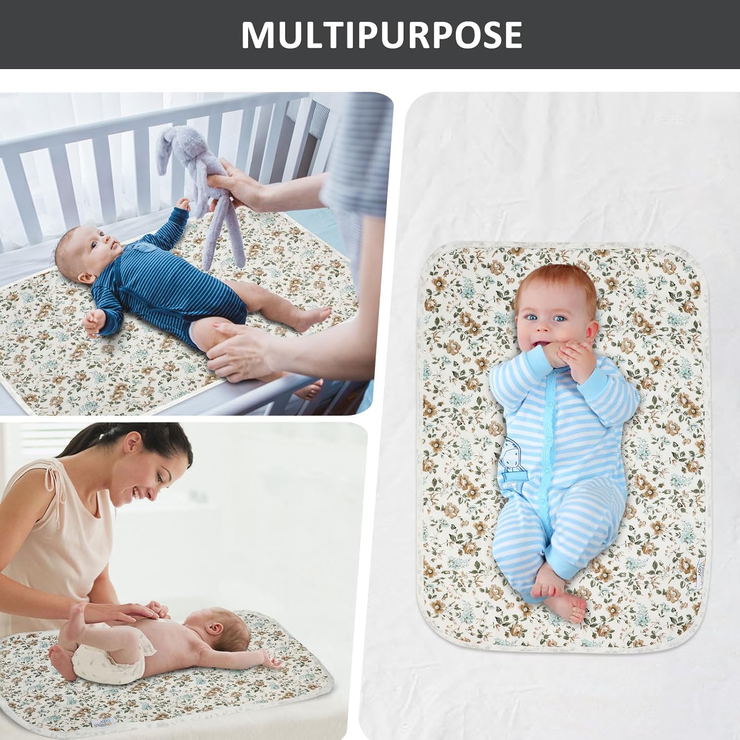 Baby Diaper Changing Pad, 21 5/8" x 31.5" Waterproof Changing Pad Liners - Reusable Soft and Absorbent Portable Changing Mat(Blue Flower1PCS)