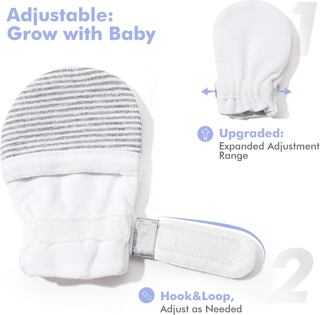 HAPIU Baby No Scratch Mittens Stay On, 100% Cotton Breathable, Adjustable Infant Gloves for Boys Girls, Newborn - 12 M