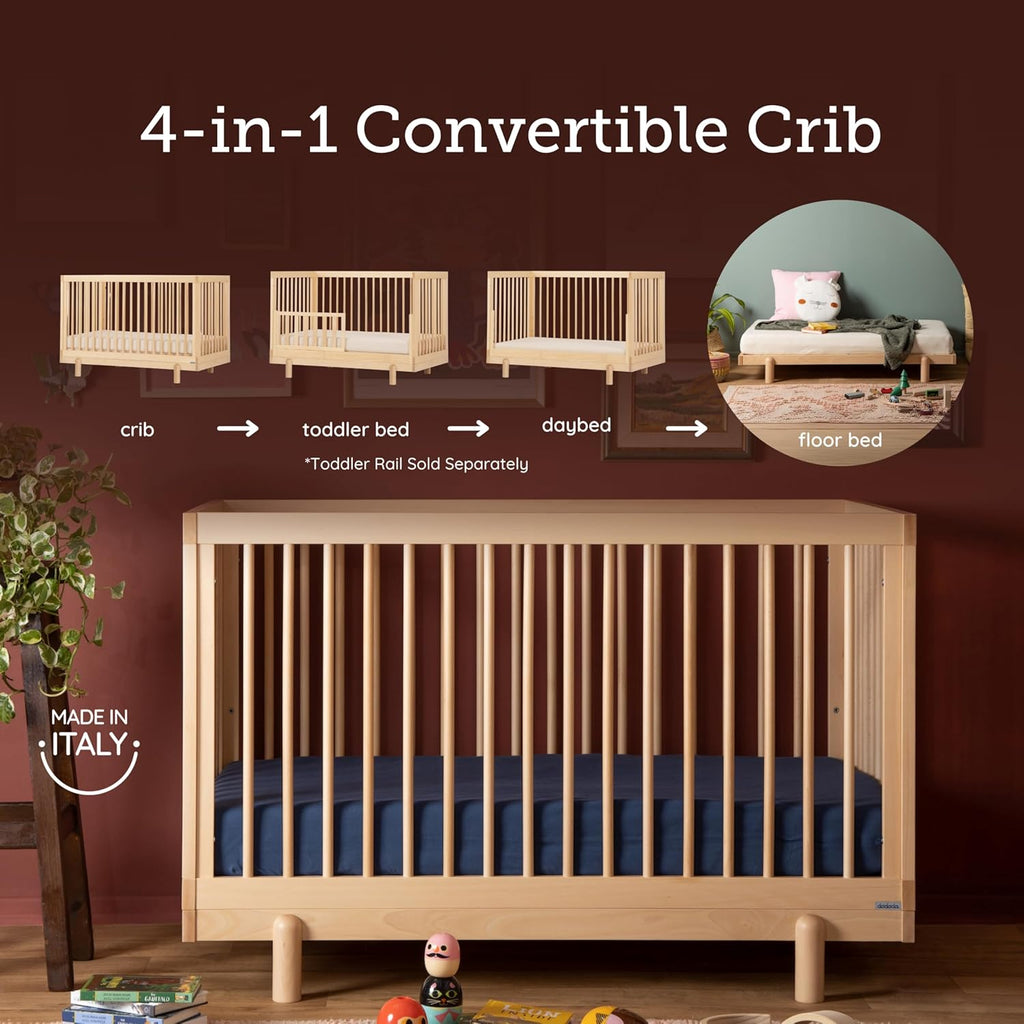 dadada Baby Bliss 4 in 1 Convertible Crib to Toddler Bed & Floor Bed – Made in Italy, GREENGUARD Gold Certified, Baby-Safe Finish, Sustainable Beech Wood, Modern Design, 4 Adjustable Heights (Natural)