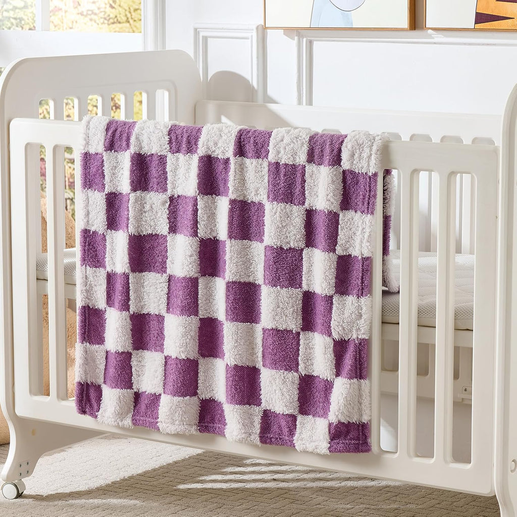 Fleece Baby Blanket for Girls 3D Checkerboard Design, Warm Cozy and Fluffy Infant Newborn Toddler Small Receiving Blankets for Crib Stroller, 30x40 Inches, Purple