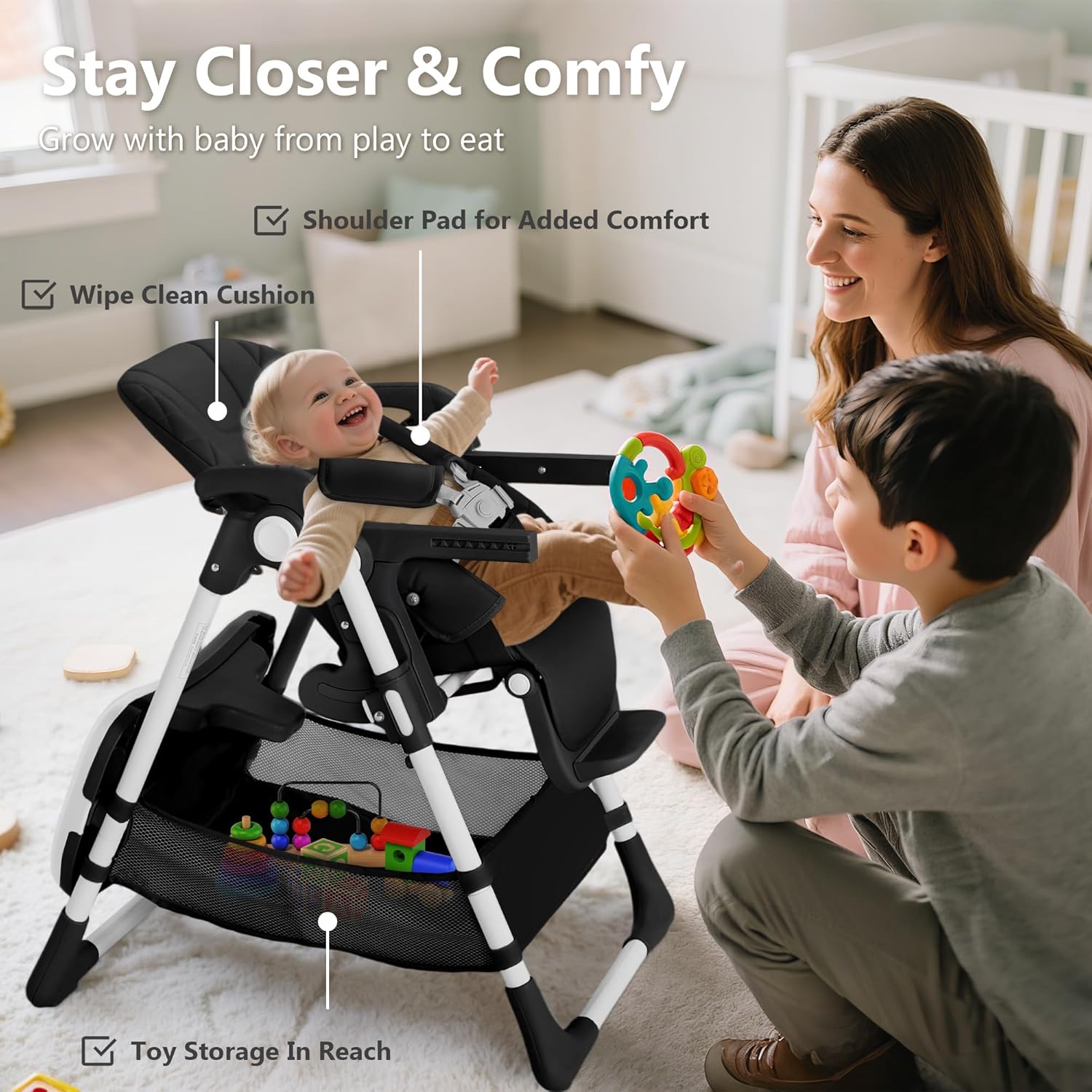 Kinder King Convertible Baby High Chair, Adjustable Feeding Chair for Babies and Toddlers with Removable Double Tray, Simple Compact Fold for Space-Saving, 2 Built-in Wheels, Easy to Clean, Black