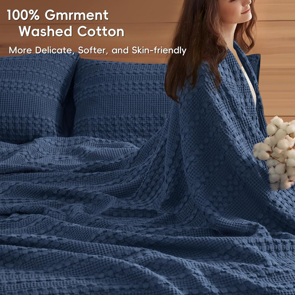 PHF 100% Cotton Waffle Weave Blanket King Size, Soft Lightweight Breathable Cozy Summer Blankets for Bed, Luxury Aesthetic Woven Bedding for Home Decor, 108"x90", Bright Navy Blue