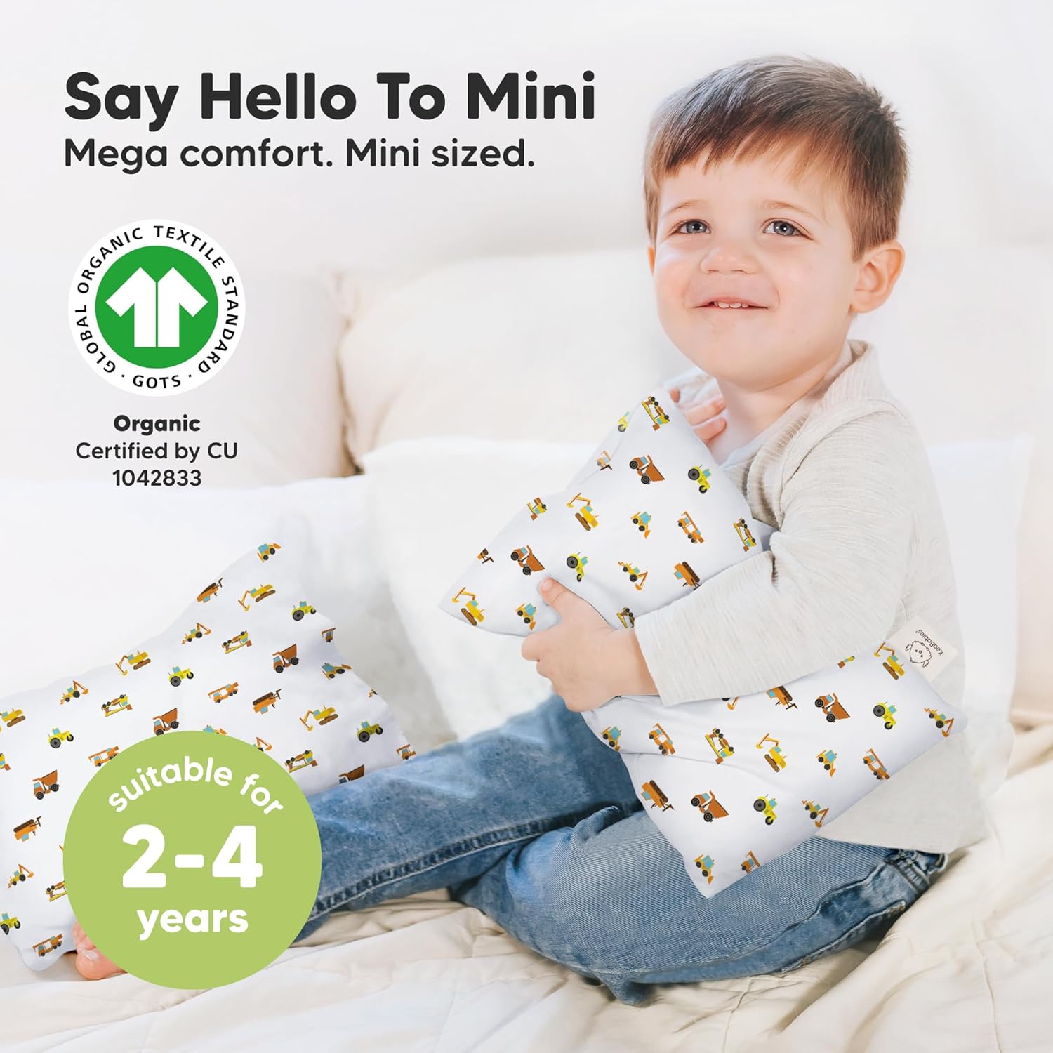 Mini Toddler Pillow with Pillowcase - 9x13 My Little Dreamy Travel Kids Pillow for Sleeping, Toddler Bed, Small, Tiny, Organic Cotton Pillowcase, Soft & Breathable, Kids 2-4 Years Old (Construction)