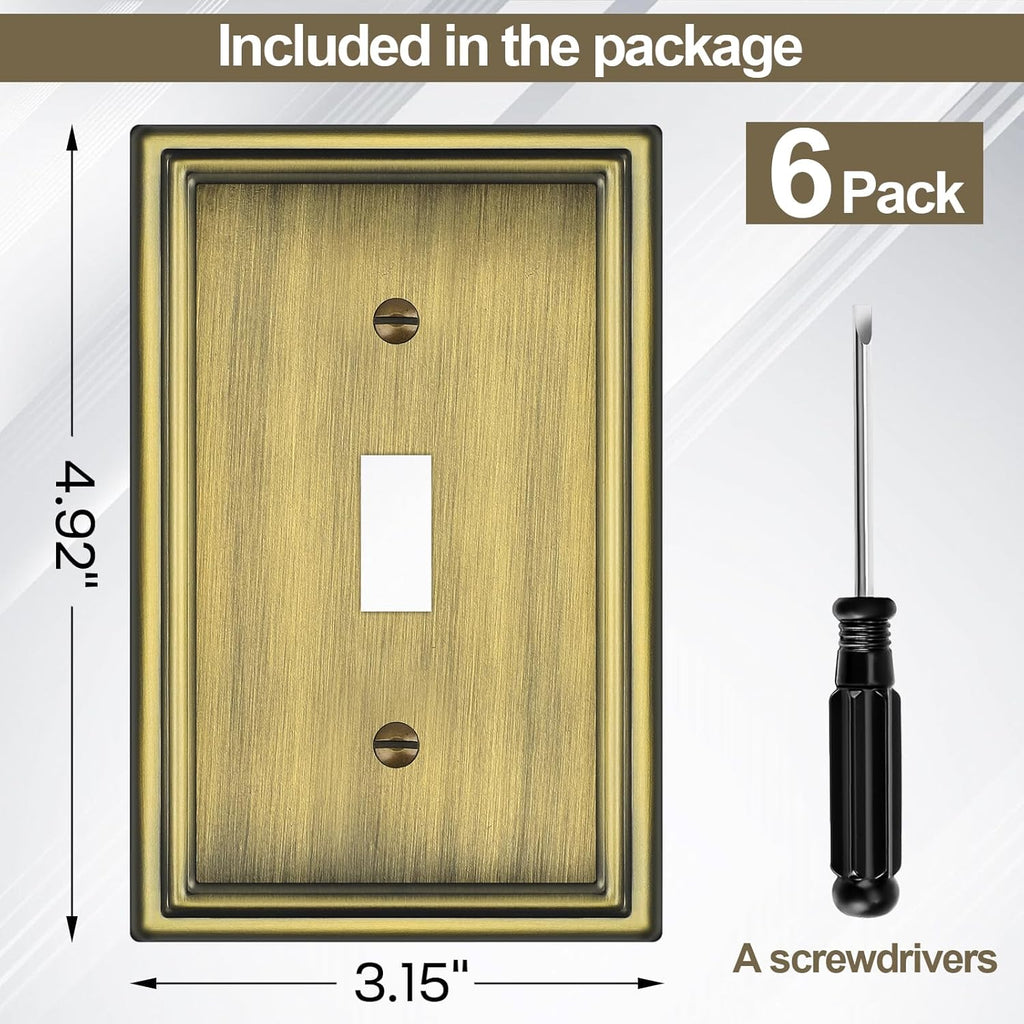 Antique Brass Decorative Light Switch Covers Plate, Metal Material 1 Gang Wall Plates for Light Switch, Single Toggle Switch Plate Cover - Classic Style, 6 Pack