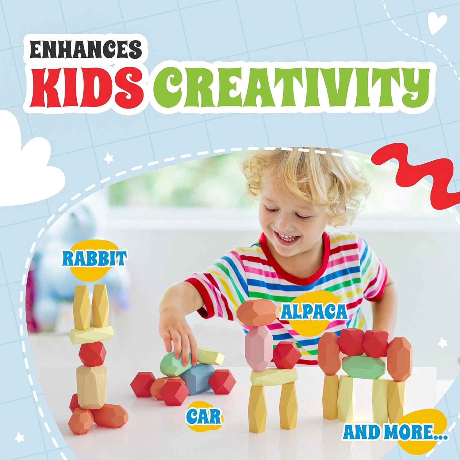 36 Pcs Wooden Stacking Blocks – Montessori Toys for 1 2 3 4 5 6 Year Old Toddlers and Kids, XL Rocks, No Choking Hazard – Sensory STEM Building Stones, for Girls and Boys