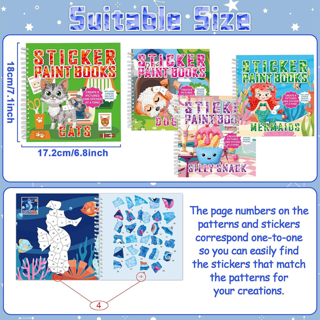 gisgfim 4Pcs Paint by Sticker Books Sticker by Number Books Activity Puzzle Book Craft Art Gift with Mermaid Cat Dog Silly Snack 32 Pictures Sticker by Number Book Set Party Favors
