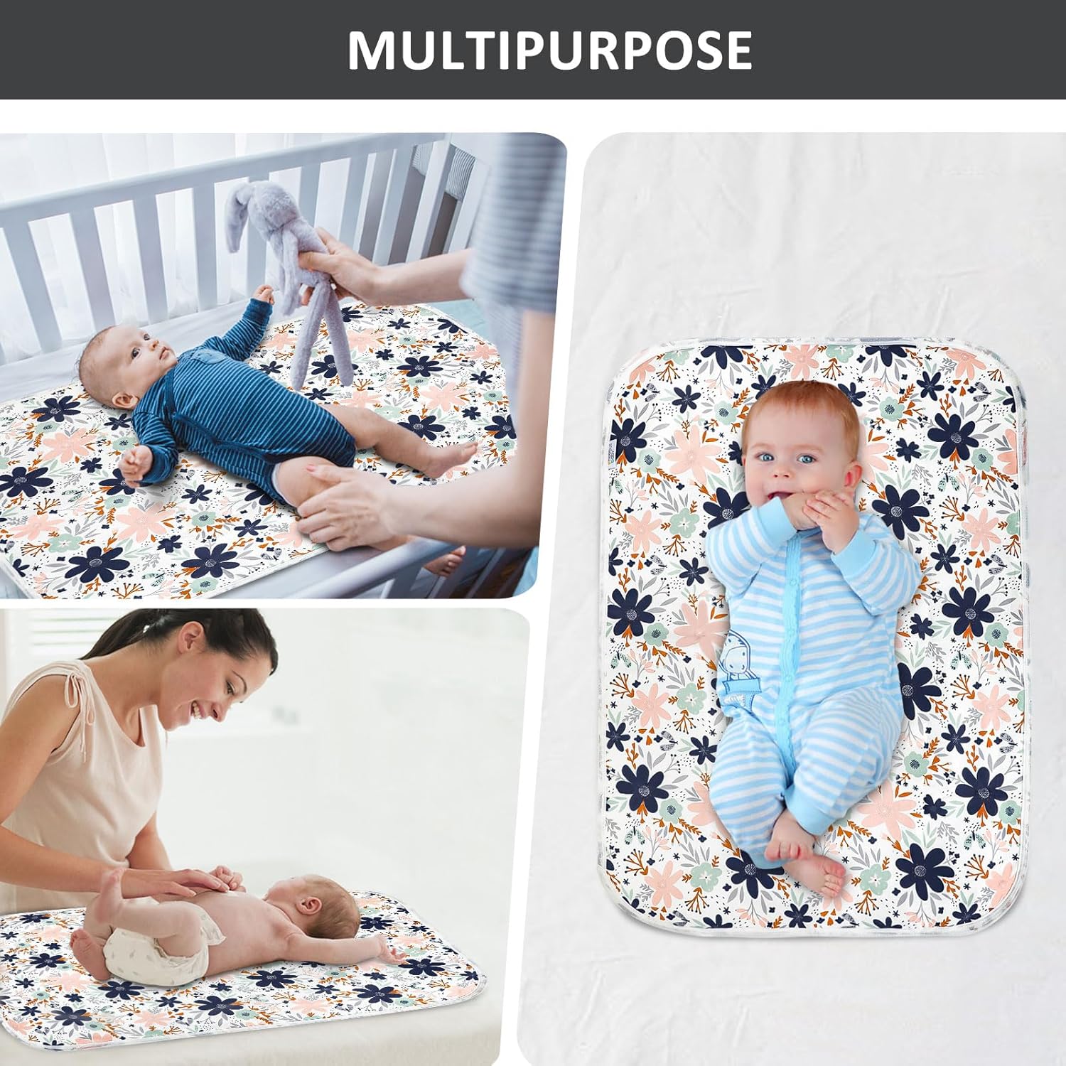 Baby Diaper Changing Pad, 21 5/8" x 31.5" Waterproof Changing Pad Liners - Reusable Soft and Absorbent Portable Changing Mat(Floral1PCS)