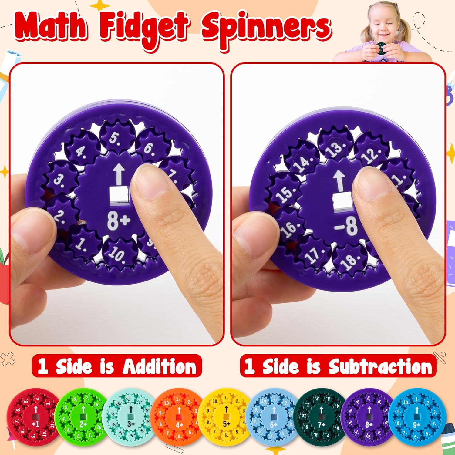 18Pcs Math Fidget Spinners Addition Subtraction Round Number Flying Fidget Spinner Division Multiplication Finger Spin Game Toys Educational Math Fact Games for Children Stimmers Fidgeters