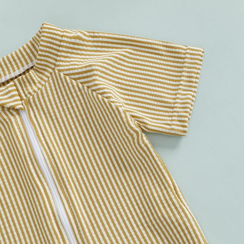 Toddler Baby Boys Seersucker Short Sleeve One Piece Rash Guard Swimsuit Zipper Bathing Suit Swimwear with Hat